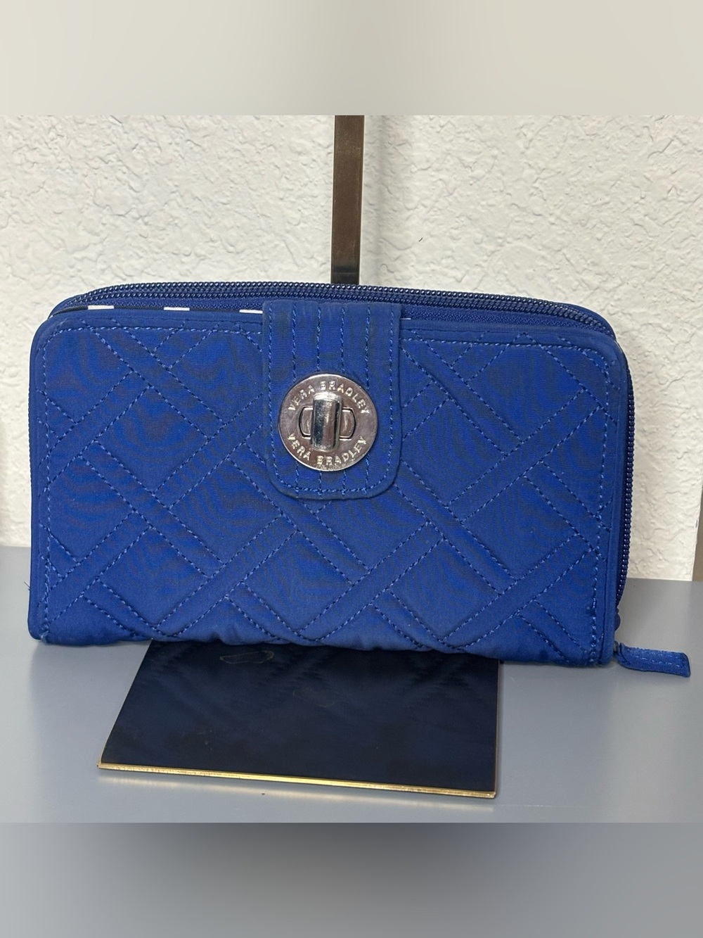 Vera Bradley Blue Quilted RFID Wristlet Wallet with Silver Turnlock